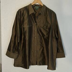 NEW Ralph Lauren Olive Green 100% Silk Dupioni Button Up Shirt Pockets Size 20W